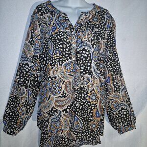 Stylish button front blouse with colorful mod design in size 2XL